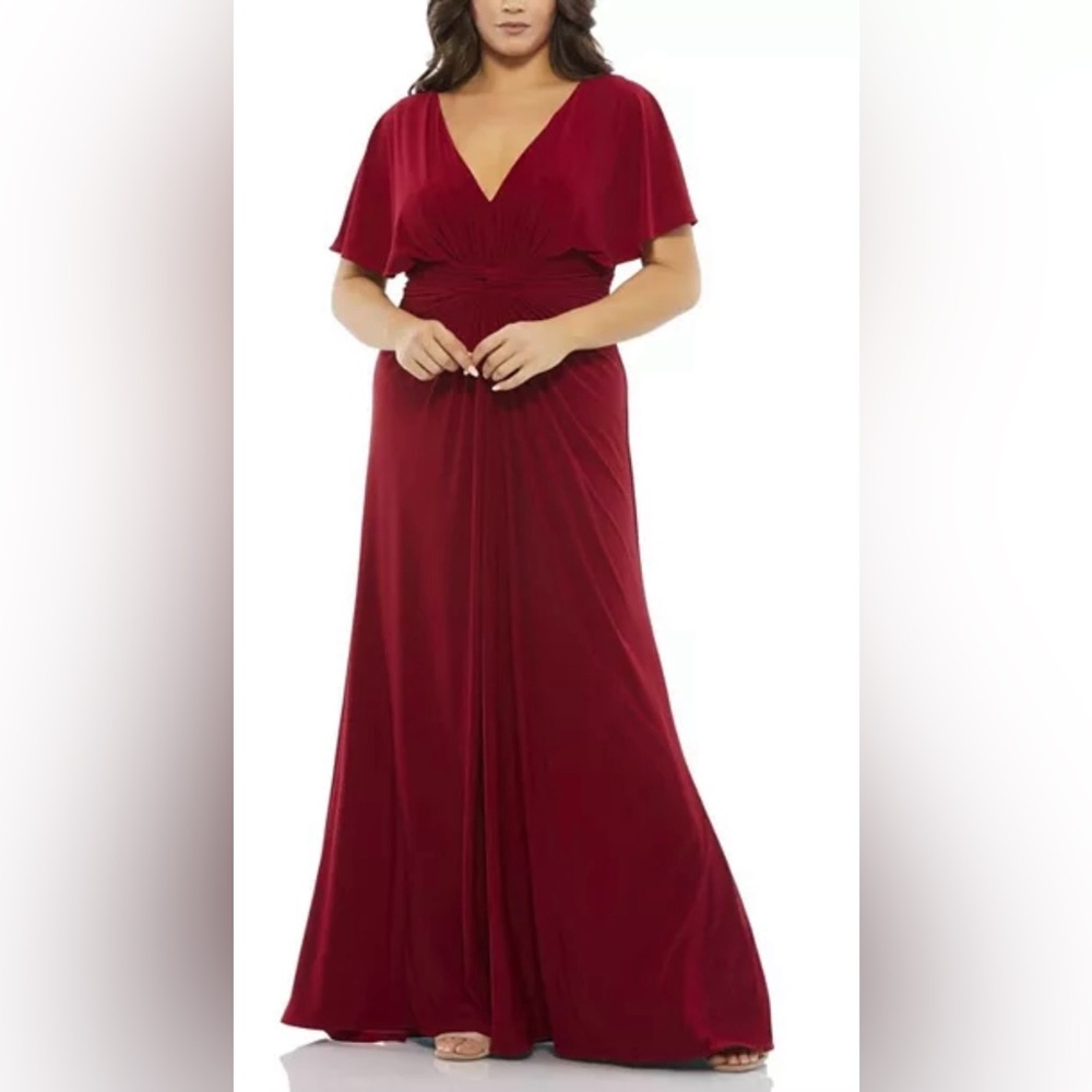 MAC DUGGAL 67916 CAPE SLEEVE TWIST WAIST JERSEY DEEP RED GOWN Size 14W NWT